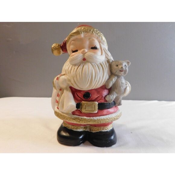 Santa Claus Vintage Painted Ceramic Figure Electric Lighted 6" W/Christmas Bear - Picture 5 of 9